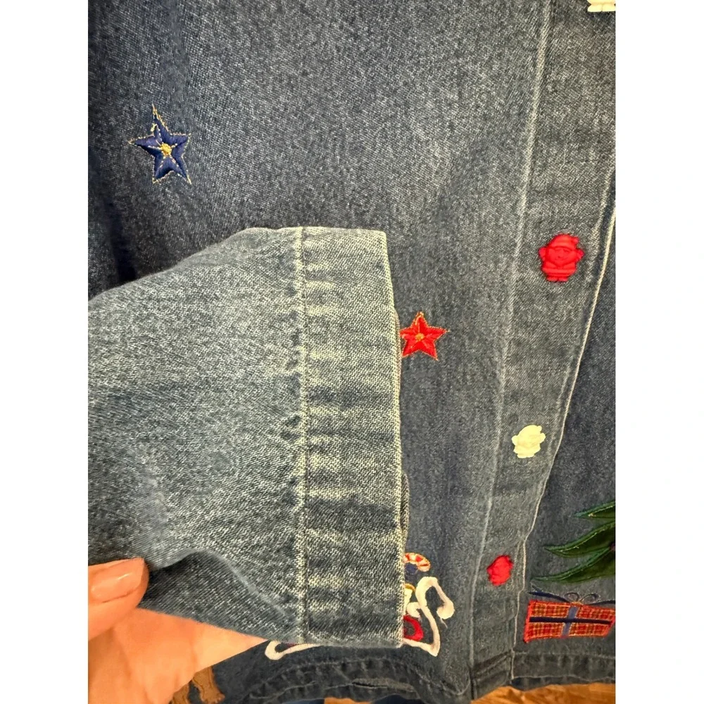 Tantrums Vintage Christmas Denim Jacket Embroidered Santa Reindeer Plaid Collar - Picture 5 of 9